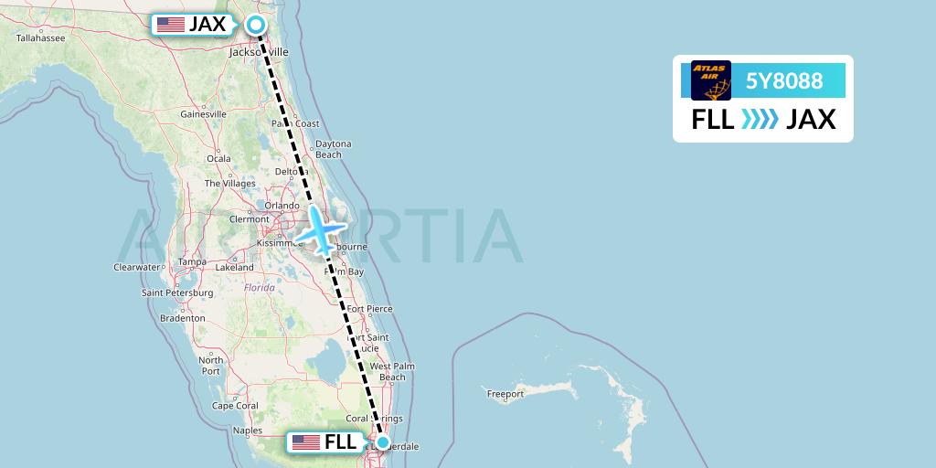 5Y8088 Atlas Air Flight Map: Fort Lauderdale to Jacksonville