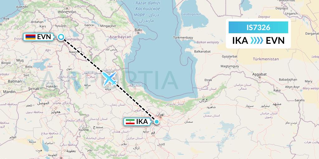 IS7326 Sepehran Airlines Flight Map: Tehran to Yerevan