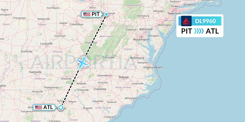 DL9960 Delta Air Lines Flight Map: Pittsburgh to Atlanta