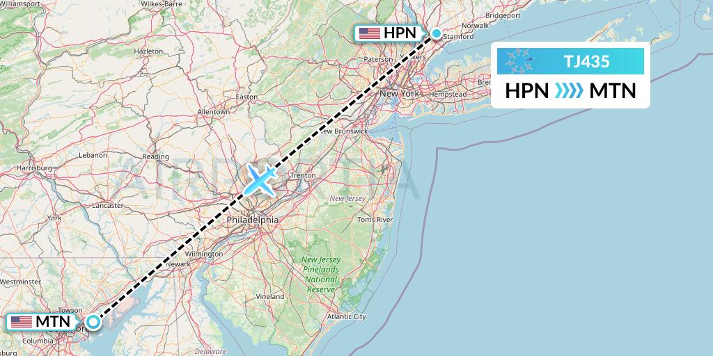 TJ435 Tradewind Aviation Flight Map: White Plains to Baltimore