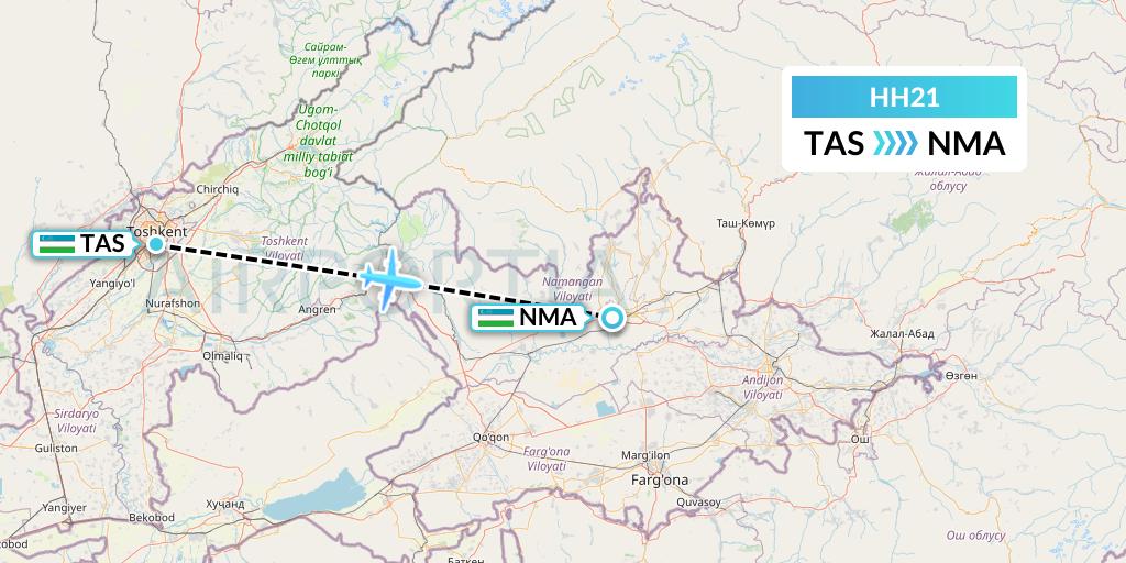 HH21 Qanot Sharq Flight Map: Tashkent to Namangan