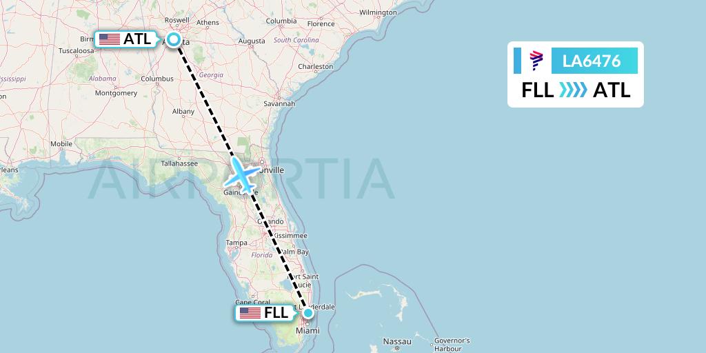 LA6476 LAN Airlines Flight Map: Fort Lauderdale to Atlanta