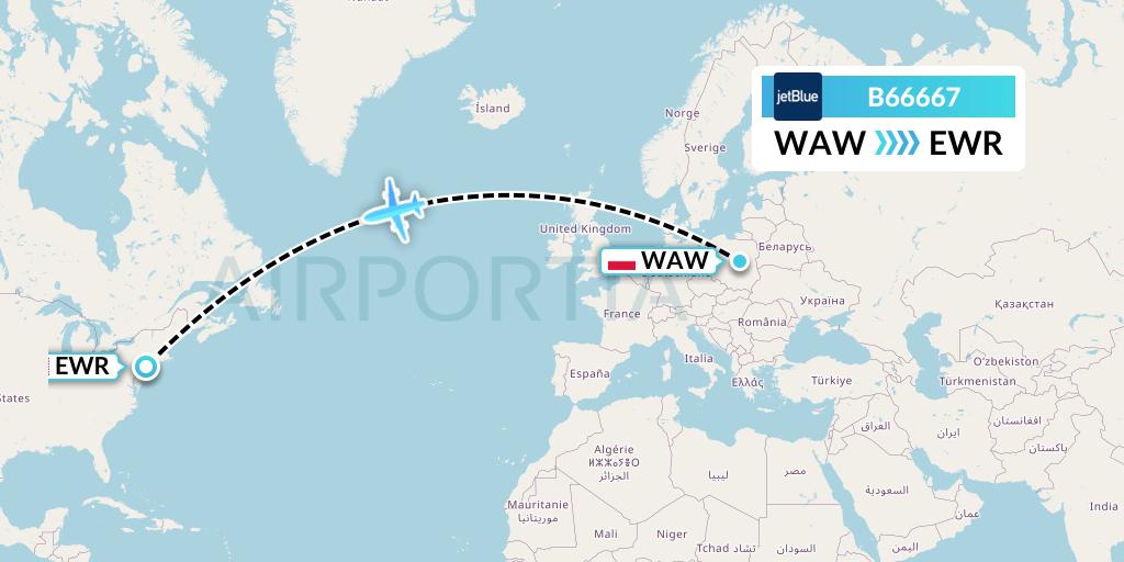 B66667 JetBlue Airways Flight Map: Warsaw to New York