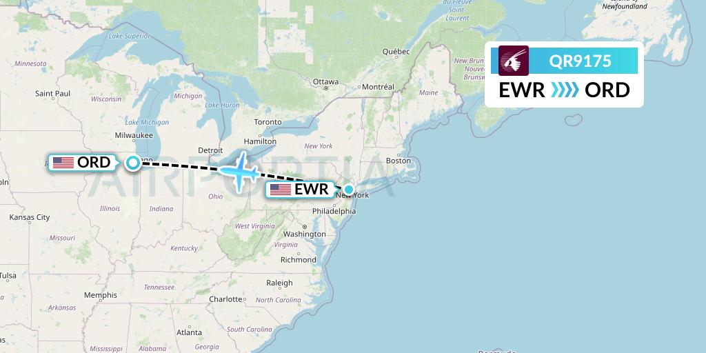 QR9175 Qatar Airways Flight Map: New York to Chicago