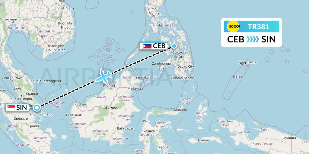 TR381 Tigerair Flight Map: Cebu to Singapore