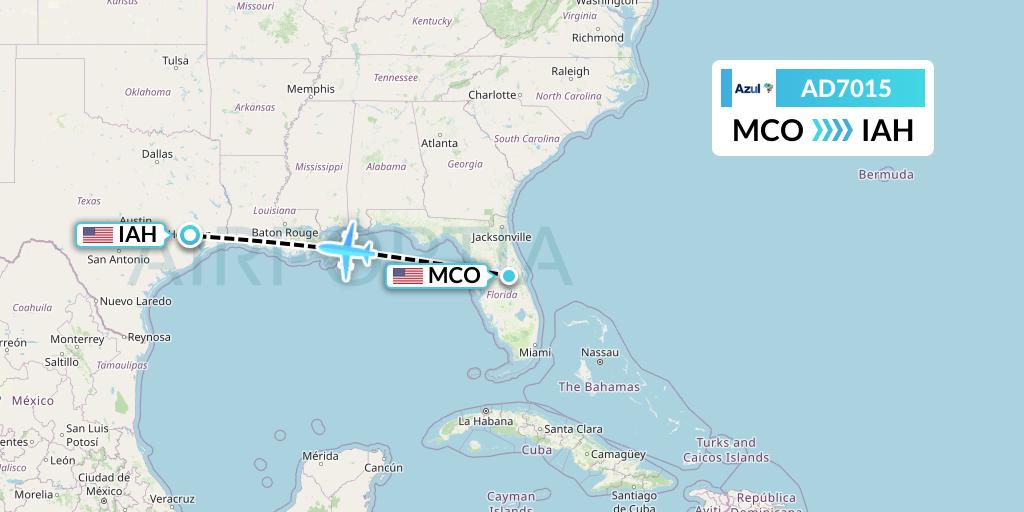 AD7015 Azul Brazilian Airlines Flight Map: Orlando to Houston