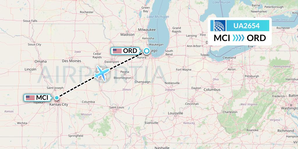 UA2654 United Airlines Flight Map: Kansas City to Chicago