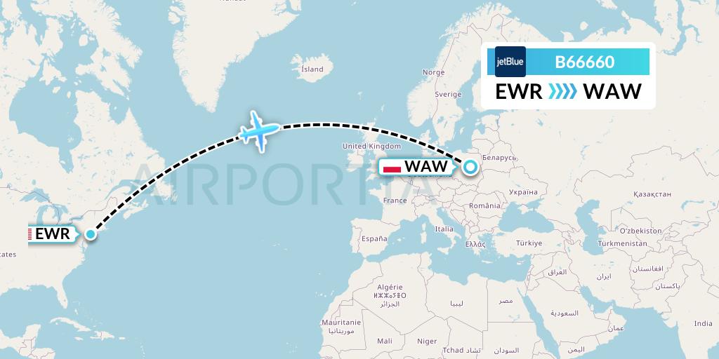 B66660 JetBlue Airways Flight Map: New York to Warsaw