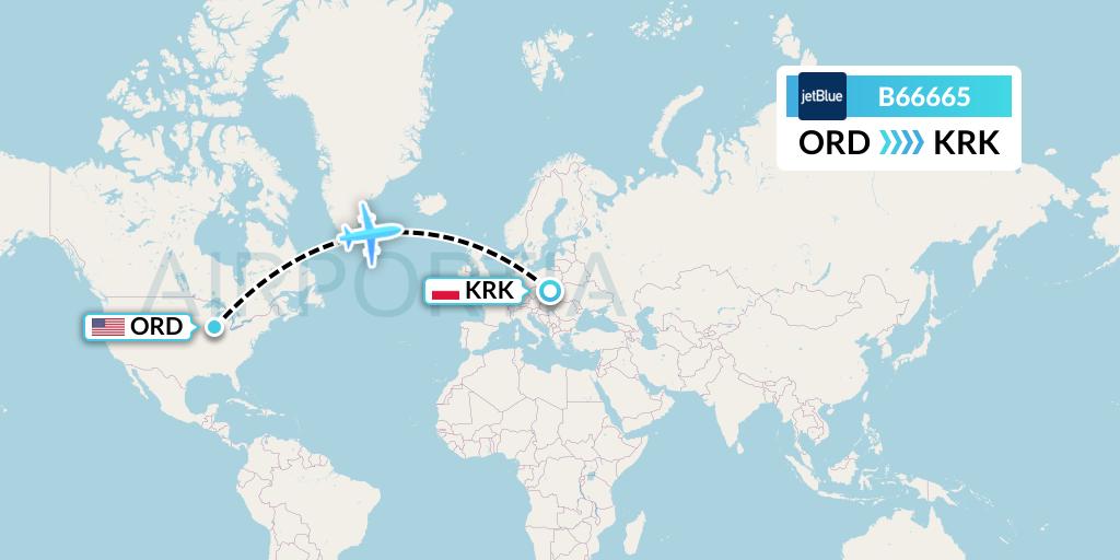 B66665 JetBlue Airways Flight Map: Chicago to Krakow