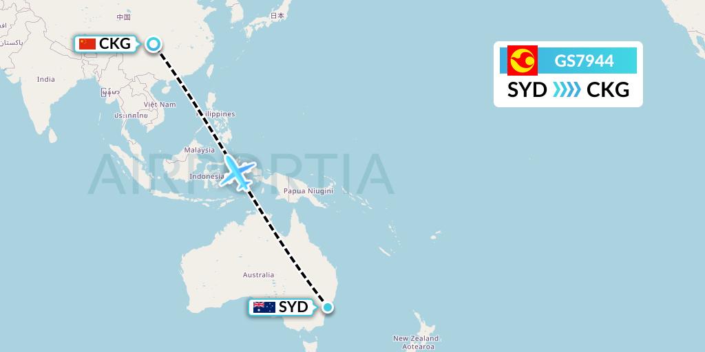 GS7944 Tianjin Airlines Flight Map: Sydney to Chongqing
