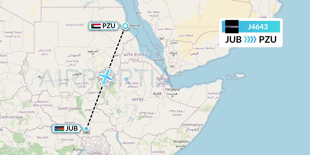 J4643 Badr Airlines Flight Map: Juba to Port Sudan
