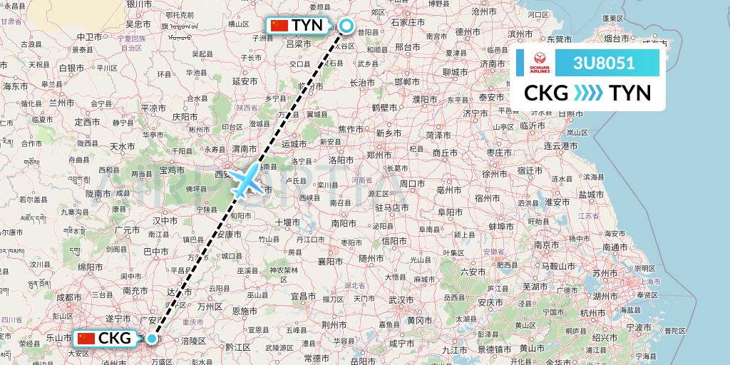3U8051 Sichuan Airlines Flight Map: Chongqing to Taiyuan