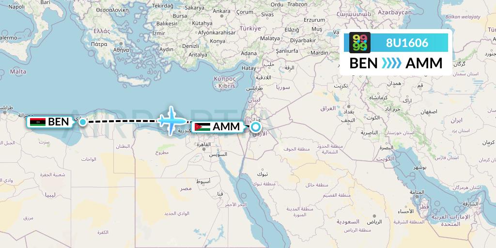 8U1606 Afriqiyah Airways Flight Map: Benghazi to Amman