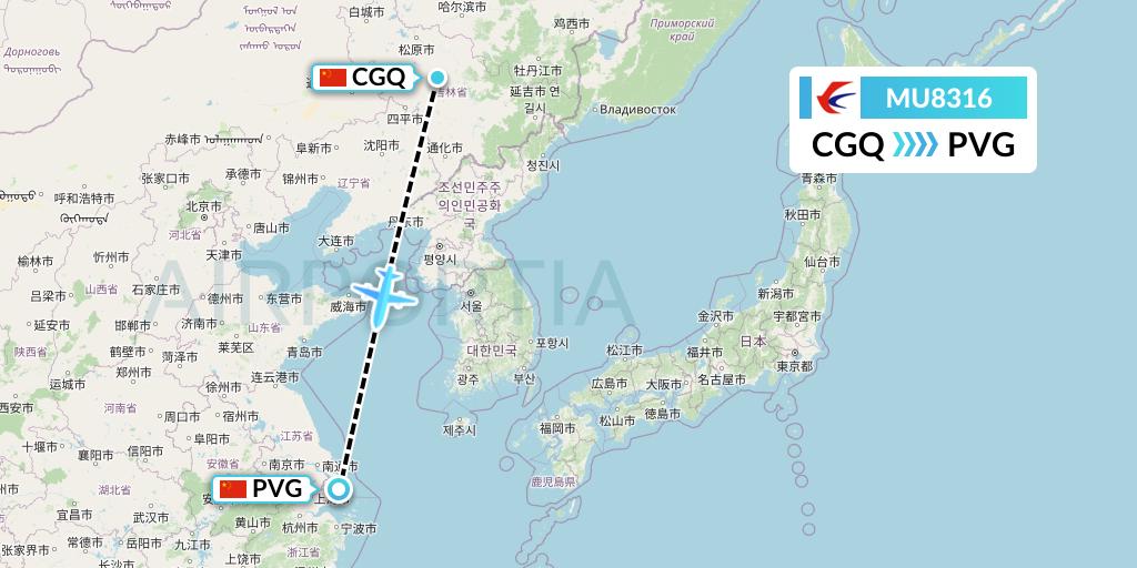 MU8316 China Eastern Airlines Flight Map: Changchun to Shanghai