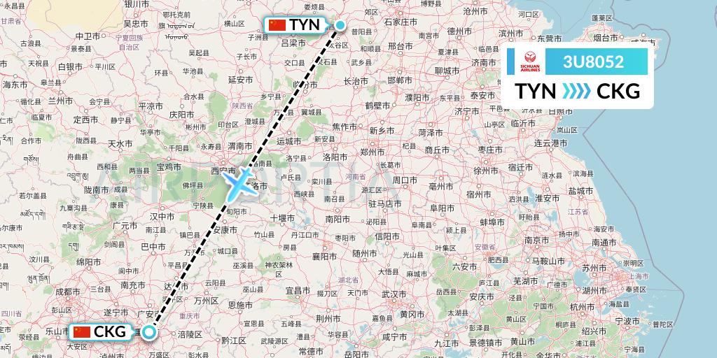 3U8052 Sichuan Airlines Flight Map: Taiyuan to Chongqing