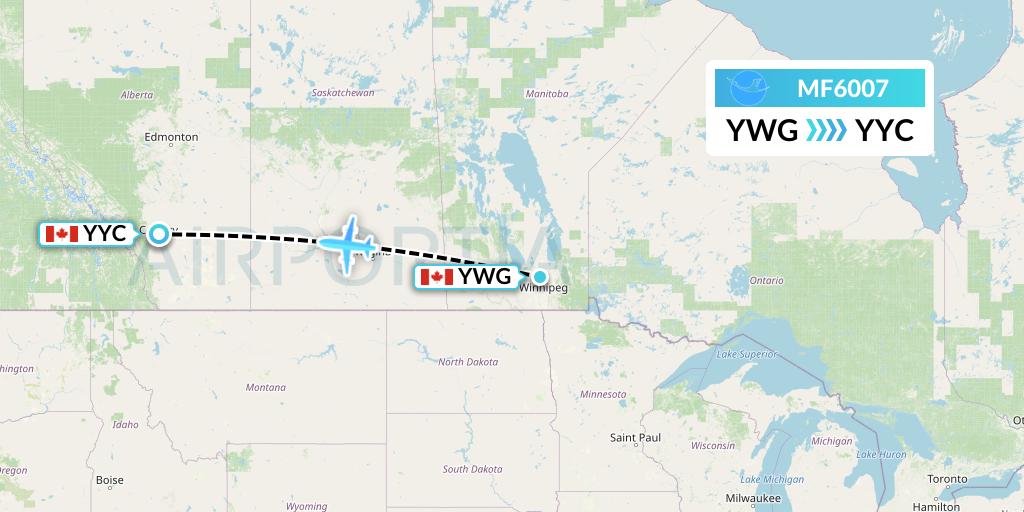 MF6007 Xiamen Airlines Flight Map: Winnipeg to Calgary