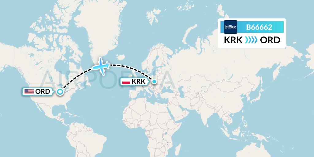 B66662 JetBlue Airways Flight Map: Krakow to Chicago