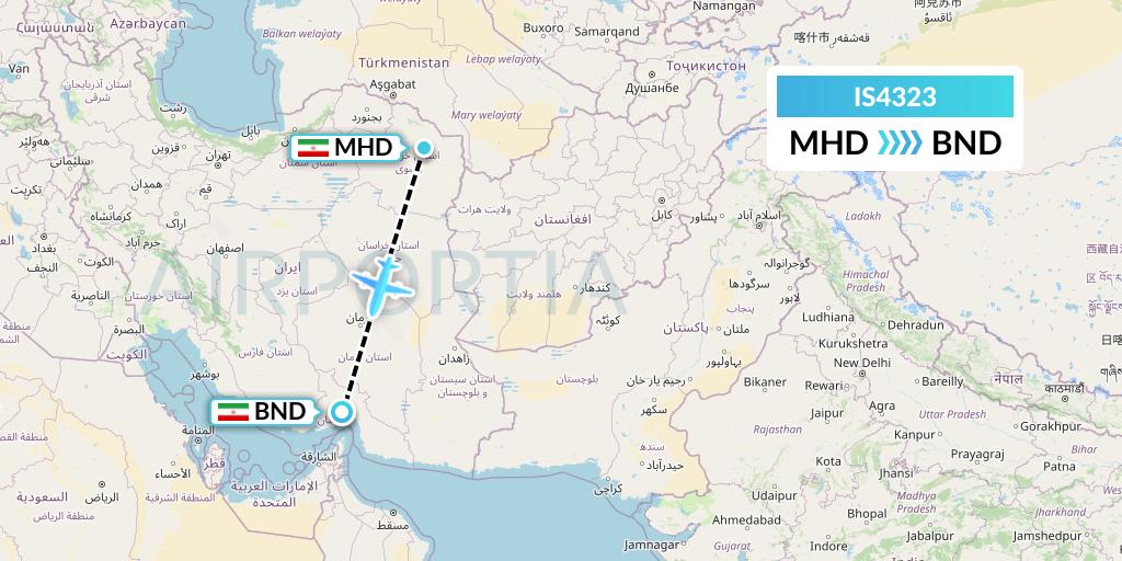 IS4323 Sepehran Airlines Flight Map: Mashhad to Bandar Abbas