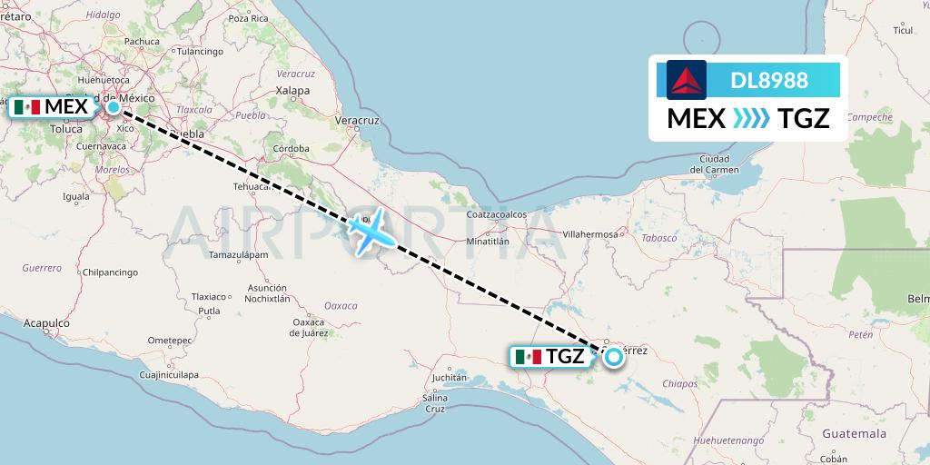 DL8988 Delta Air Lines Flight Map: Mexico City to Tuxtla Gutierrez