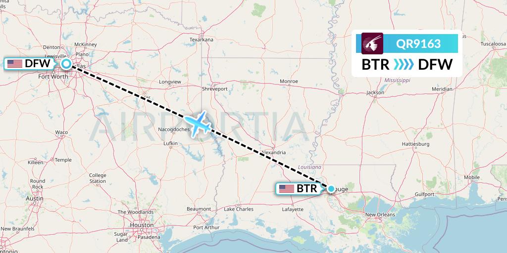 QR9163 Qatar Airways Flight Map: Baton Rouge to Dallas