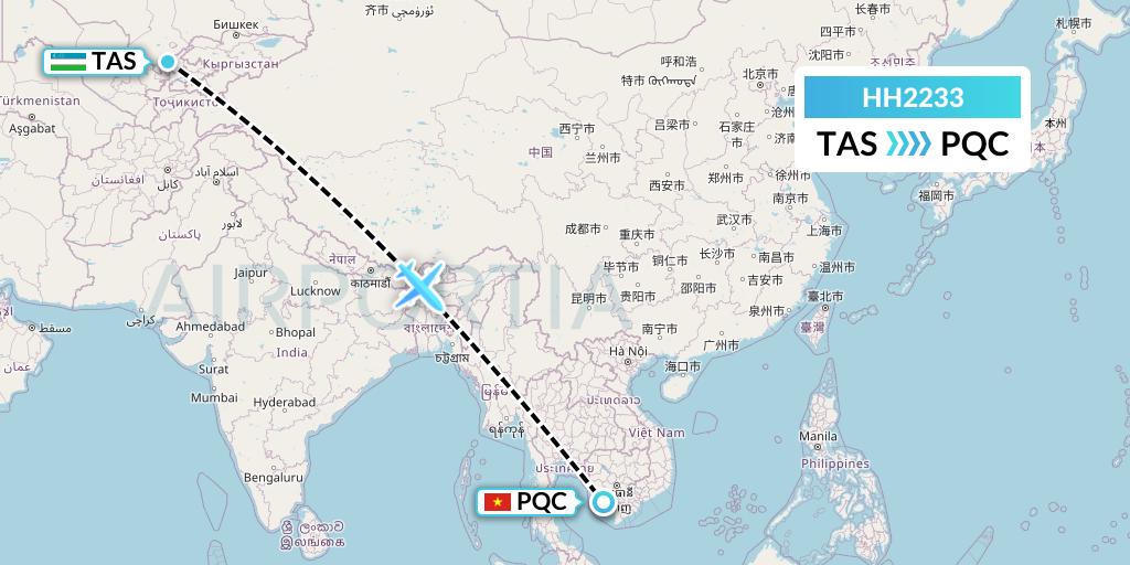 HH2233 Qanot Sharq Flight Map: Tashkent to Phu Quoc