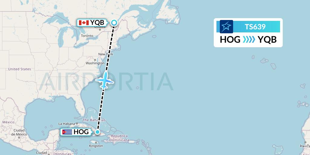 TS639 Air Transat Flight Map: Holguin to Quebec