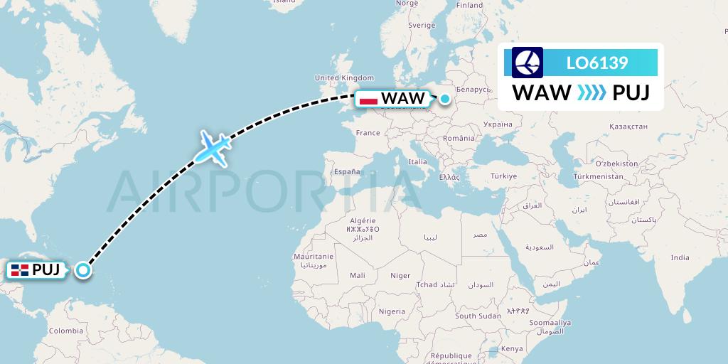 LO6139 LOT Flight Map: Warsaw to Punta Cana