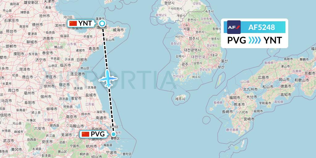 AF5248 Air France Flight Map: Shanghai to Yantai