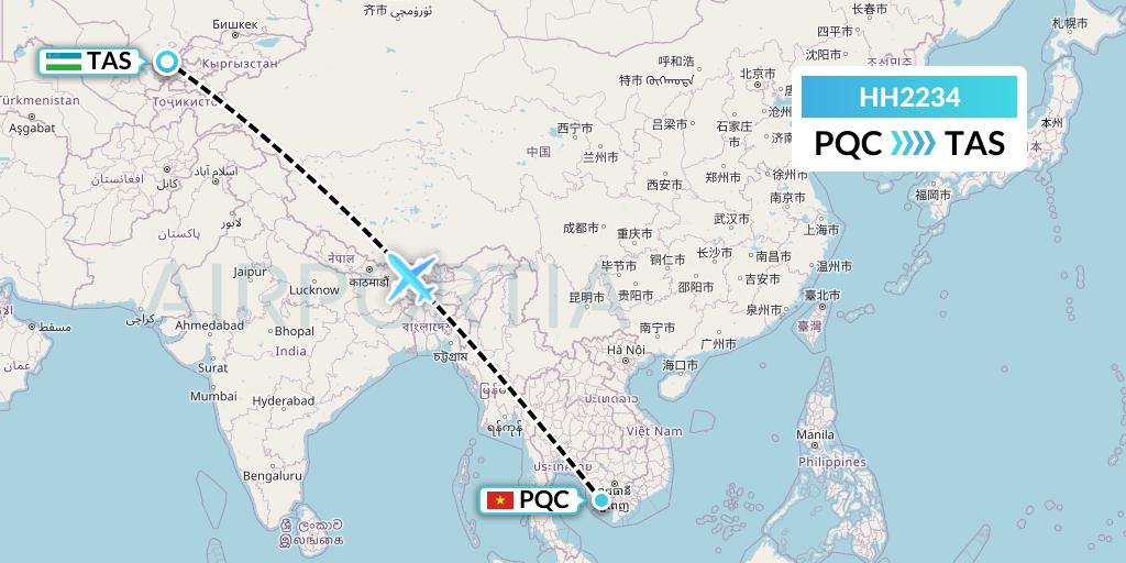 HH2234 Qanot Sharq Flight Map: Phu Quoc to Tashkent