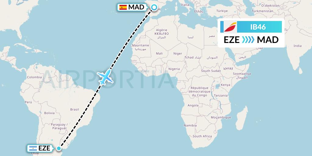 IB46 Iberia Flight Map: Buenos Aires to Madrid