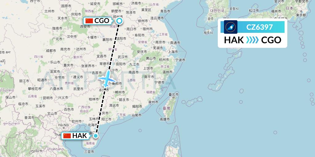 CZ6397 China Southern Airlines Flight Map: Haikou to Zhengzhou
