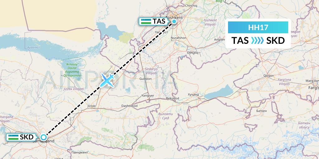 HH17 Qanot Sharq Flight Map: Tashkent to Samarkand