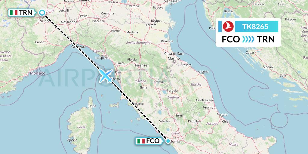 TK8265 Turkish Airlines Flight Map: Rome to Turin