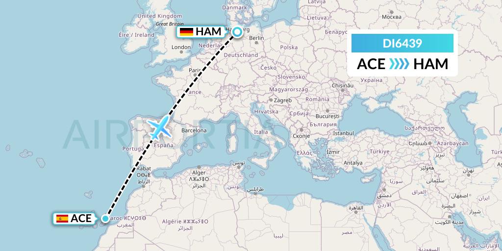 DI6439 Marabu Airlines Flight Map: Lanzarote to Hamburg