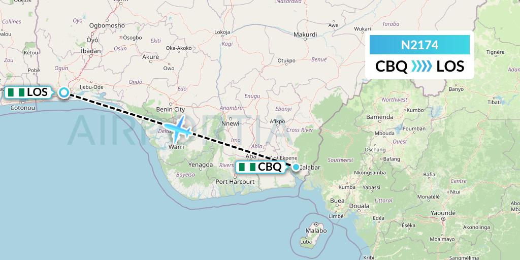 N2174 Aero Contractors Company Of Nigeria Flight Map: Calabar to Lagos