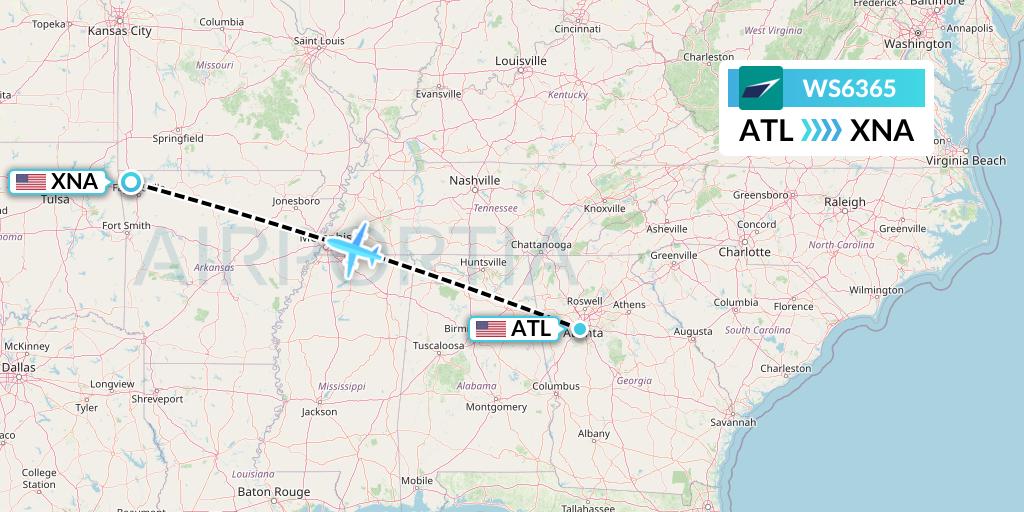 WS6365 WestJet Flight Map: Atlanta to Bentonville