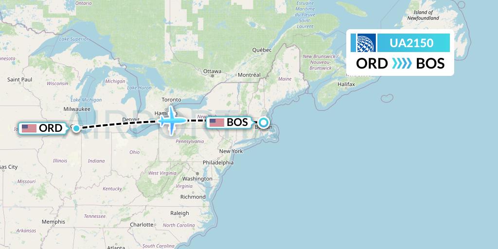 UA2150 United Airlines Flight Map: Chicago to Boston