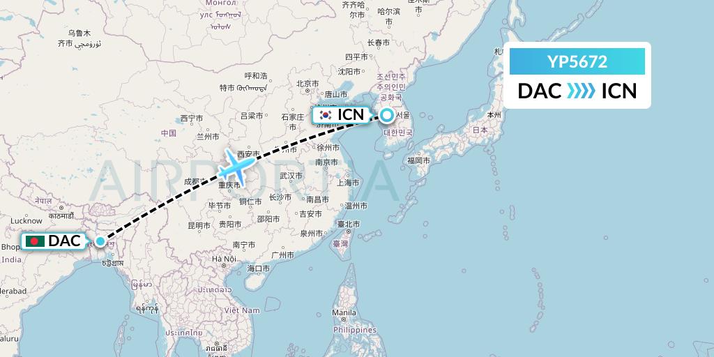YP5672 Air Premia Flight Map: Dhaka to Seoul