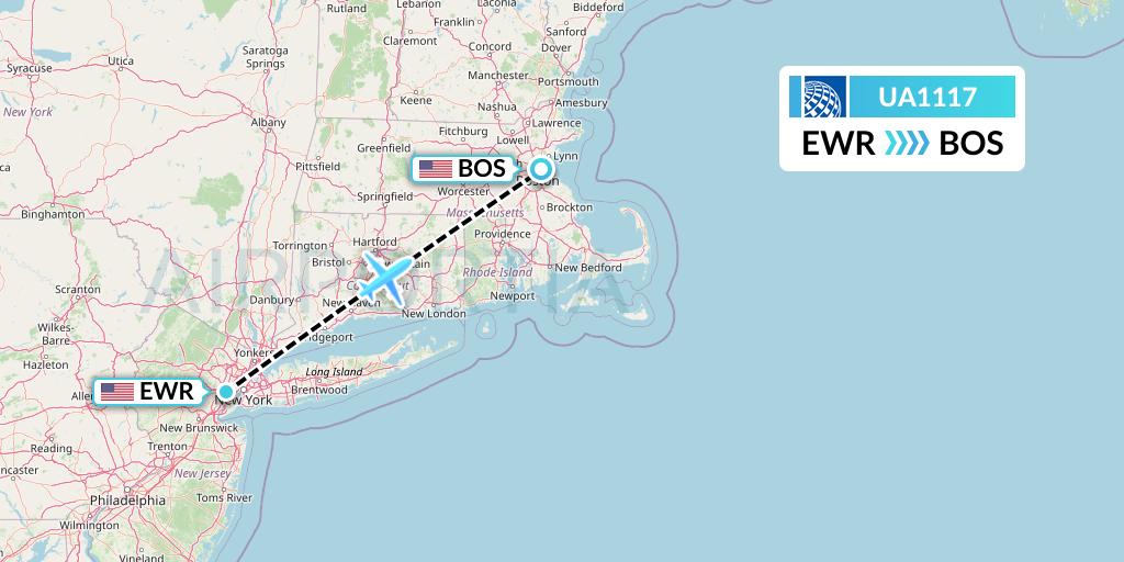 UA1117 United Airlines Flight Map: New York to Boston