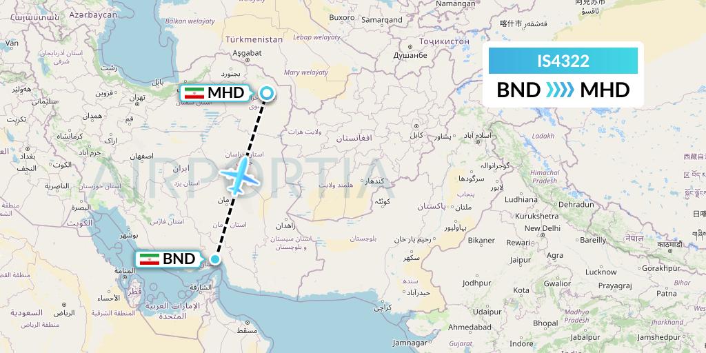 IS4322 Sepehran Airlines Flight Map: Bandar Abbas to Mashhad