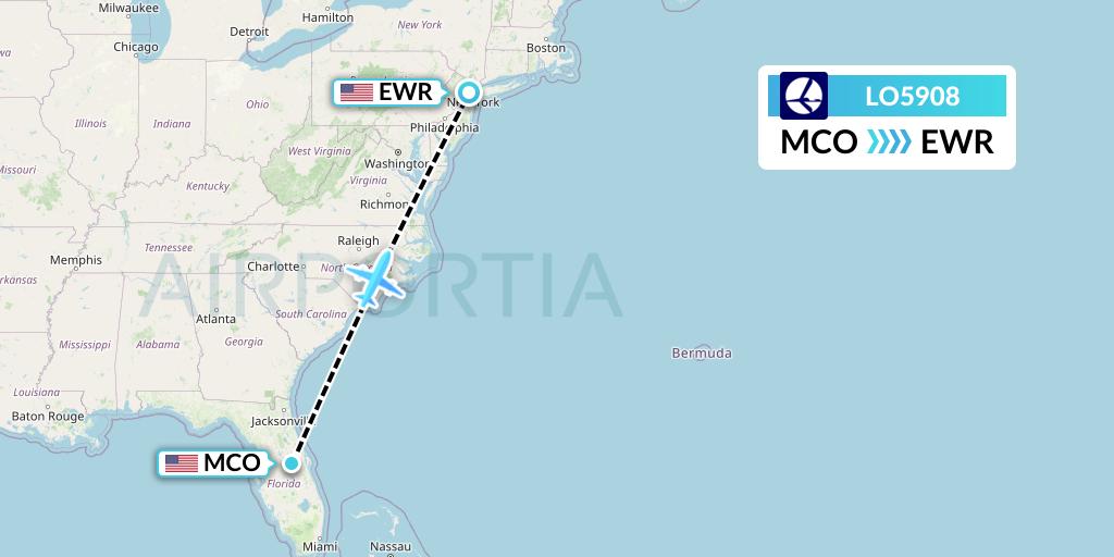 LO5908 LOT Flight Map: Orlando to New York