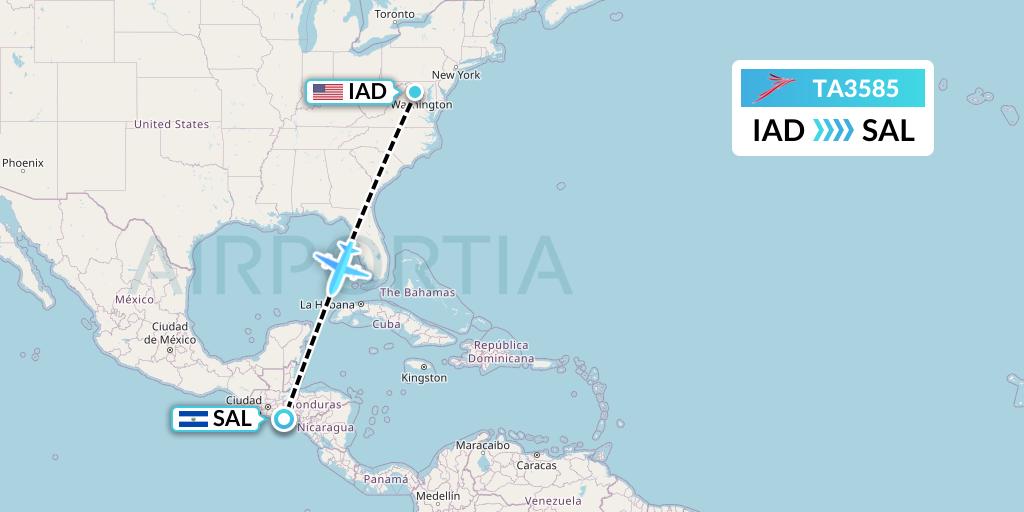 TA3585 TACA Airlines Flight Map: Washington to San Salvador