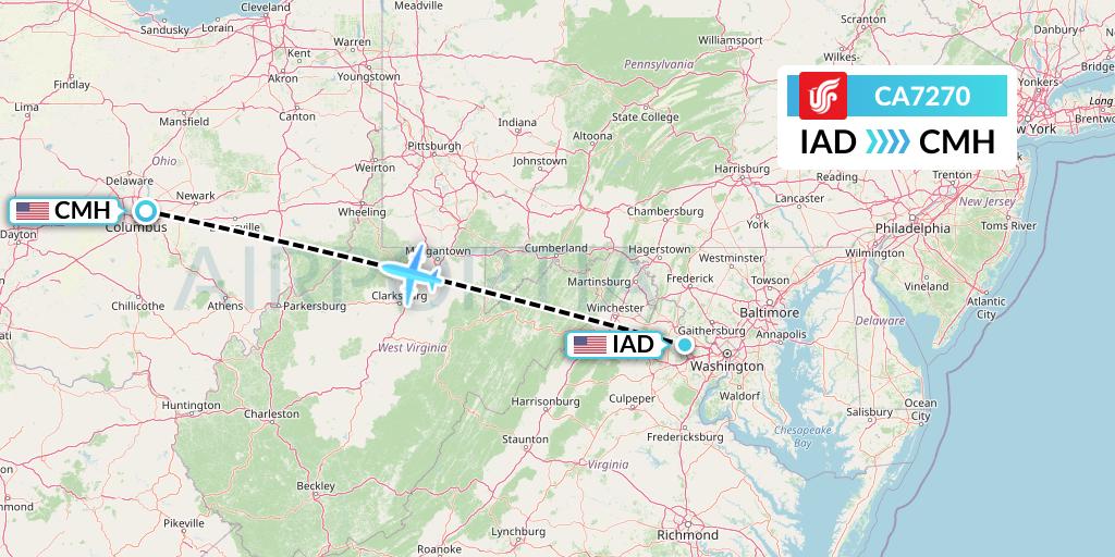 CA7270 Air China Flight Map: Washington to Columbus