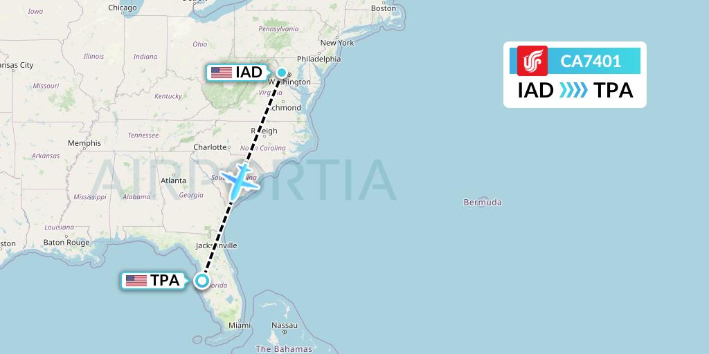 CA7401 Air China Flight Map: Washington to Tampa