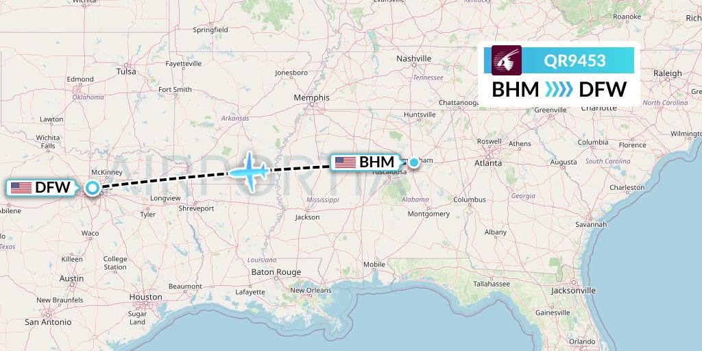 QR9453 Qatar Airways Flight Map: Birmingham to Dallas