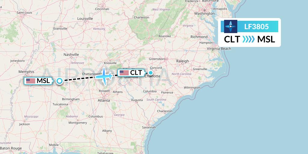 LF3805 Corporate Flight Management Flight Map: Charlotte to Muscle Shoals