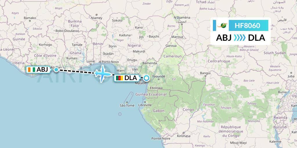 HF8060 Air Cote d'Ivoire Flight Map: Abidjan to Douala