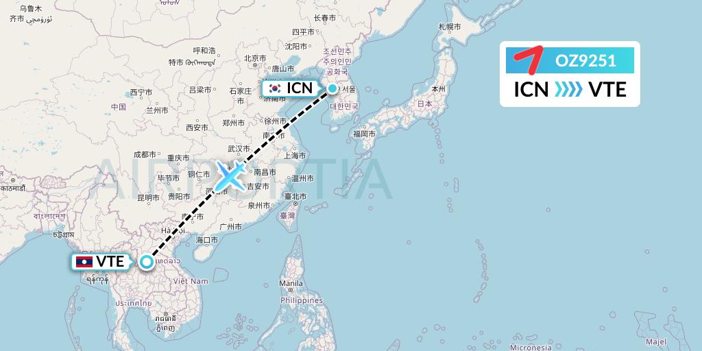 OZ9251 Asiana Airlines Flight Map: Seoul to Vientiane