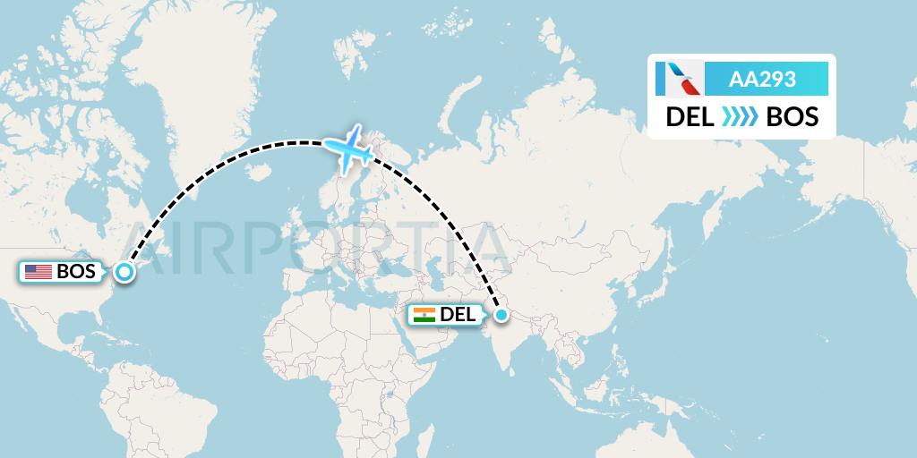 AA293 American Airlines Flight Map: Delhi to Boston