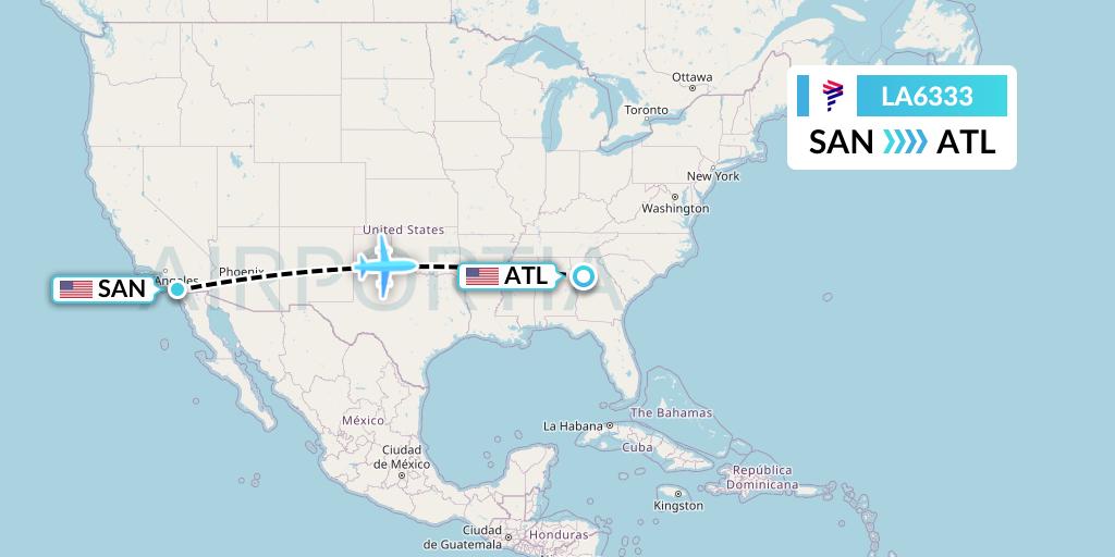 LA6333 LAN Airlines Flight Map: San Diego to Atlanta
